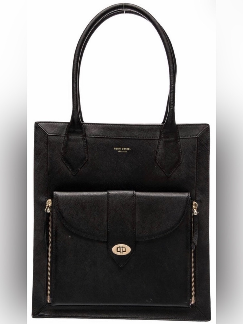 Henri Bendel West 57th Magazine Tote Black Leather Tech Pouch Work Bag